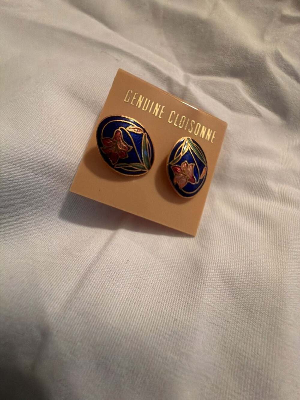 Vintage Genuine Cloisonne Blue Floral Enamel Stud Earrings
